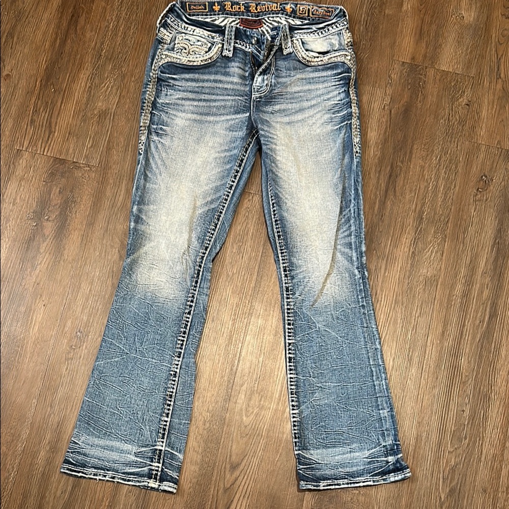 Rock revival (Delilah)Blue Flare Wide Leg Jeans with Distressed Hem